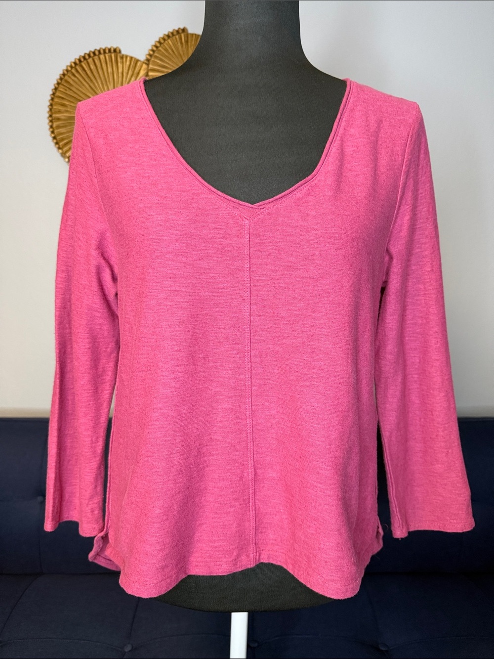 Cut Loose 3/4 Sleeve Linen Cotton Jersey Faux Wrap Tunic High-low V-neck Top XS